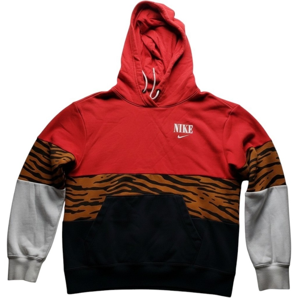 Nike Sportswear Mens Hoodie Red Black Tiger Print Colorblock Pullover Medium